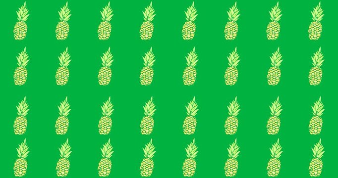 Digital animation of multiple pineapple icons in seamless pattern against black background