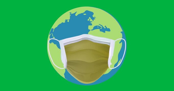 Digital animation of yellow facemask icon over globe against black background