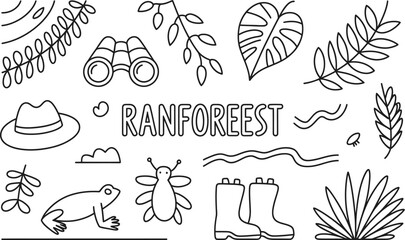 Obraz premium Rainforest themed doodle set featuring a frog, binoculars, rubber boots, a safari hat, various tropical leaves, and insects, all presented in a clean, black and white line style