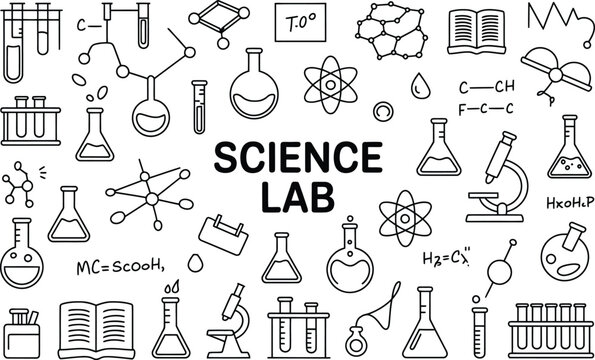 Science lab doodle pattern with hand-drawn chemistry equipment, molecular structures, microscopes, beakers, test tubes, and scientific formulas on a white background