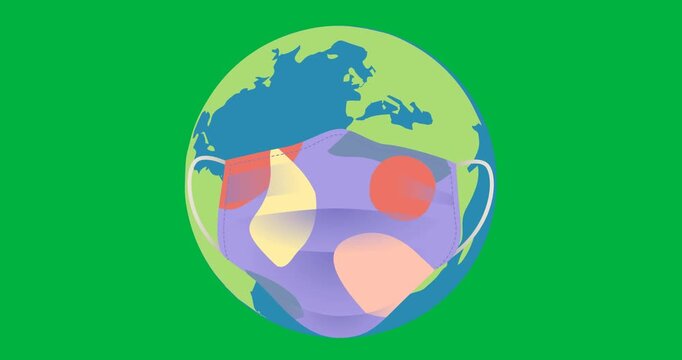 Digital animation of colorful facemask icon over globe against black background