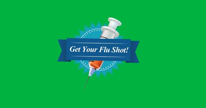 Digital animation of get your flu shot text banner with syringe icon against black background