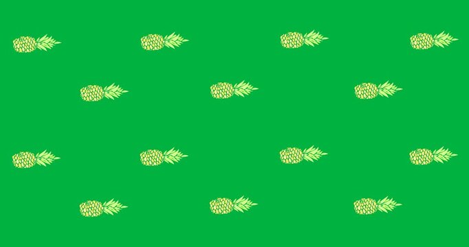 Digital animation of multiple pineapple icons spinning against black background