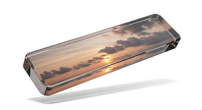 A transparent rectangular prism displaying a sunset sky, isolated on a white background, evokes tranquility and natural beauty