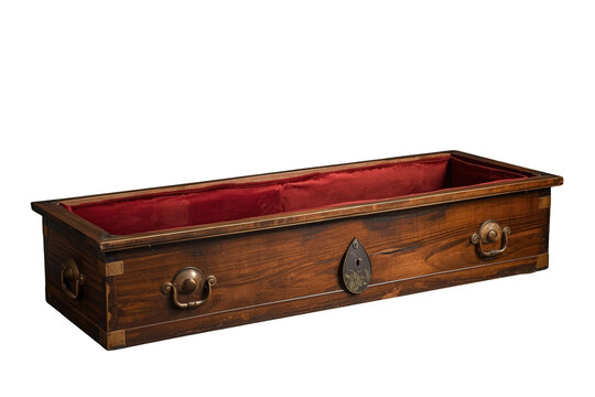 Vintage wooden empty funeral casket with red velvet lining and brass handles for memorial services on transparent background
