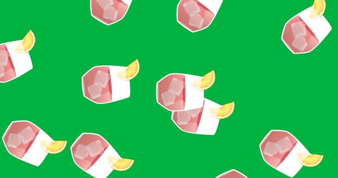 Digital animation of multiple cocktail drink icons falling against black background