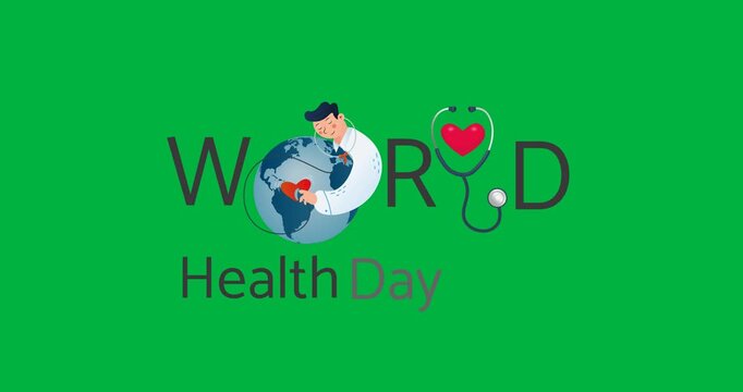 World health day text with doctor treating a globe icon against black background