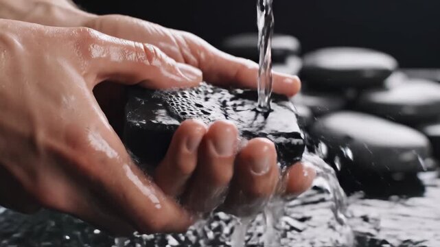 Close-up of Hands Washing a Black Stone Under Running Water.