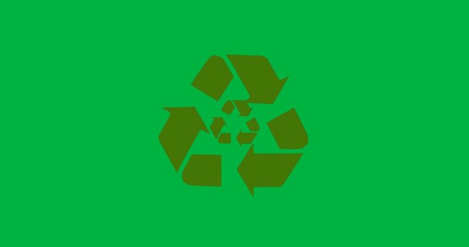 Digital animation of green recycle symbol in seamless pattern against black background