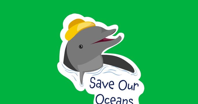 Digital animation of save our oceans text banner with dolphin icon against black background