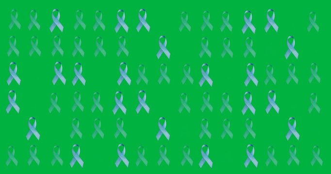 Digital animation of multiple blue ribbon icons in seamless pattern against black background