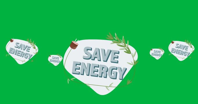 Multiple save energy text banner and thunderbolt icons floating against black background