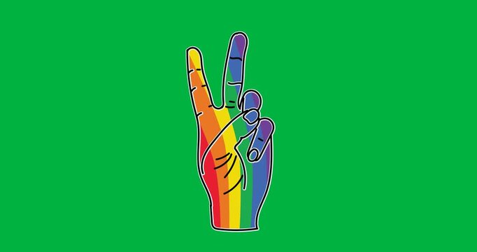 Digital animation of rainbow hand peace sign against black background
