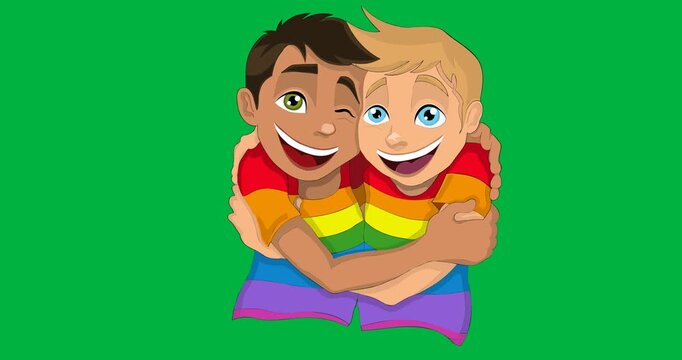Digital animation of two men wearing rainbow shirts hugging each other icon against black background