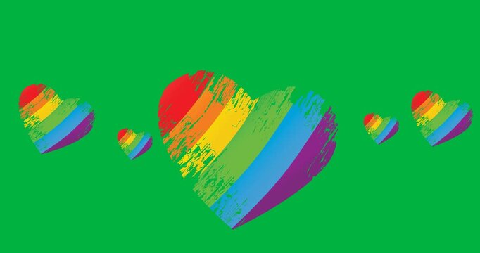 Digital animation of multiple rainbow heart icons against black background
