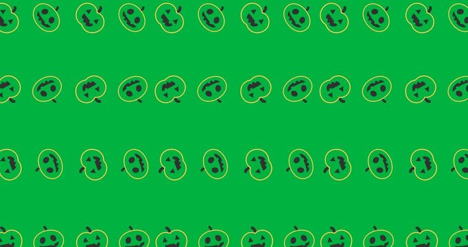 Halloween digital art features scary icons and pumpkins on a black background.