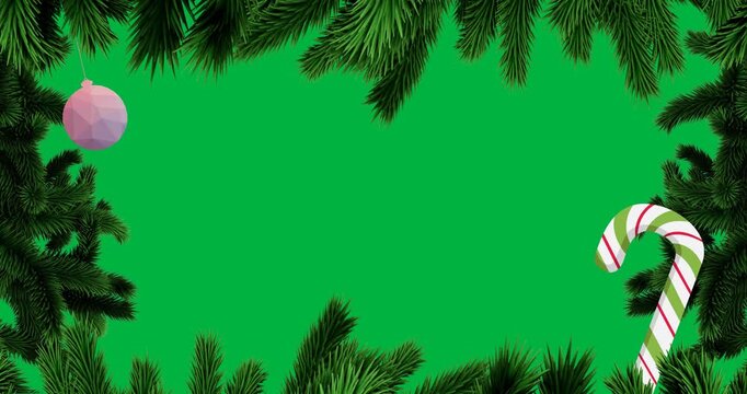 Digital animation of tree branches over gradient bauble and candy cane icons on black background