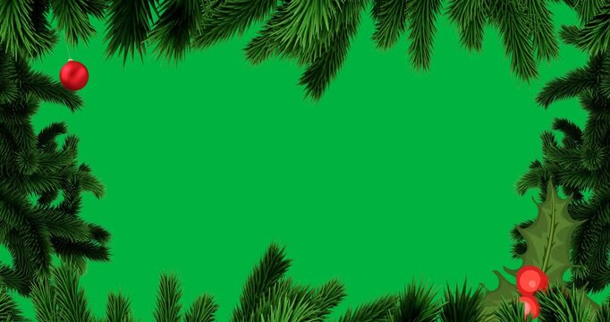 Digital animation of tree branches over red bauble and mistletoe icons against black background