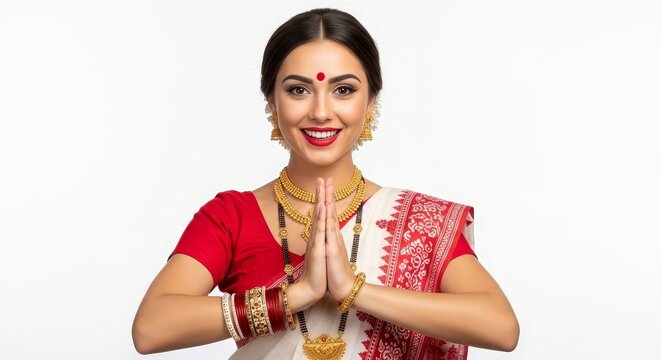 Vibrant young indian woman in exquisite traditional sari and sparkling jewelry, performing a welcoming namaste gesture.