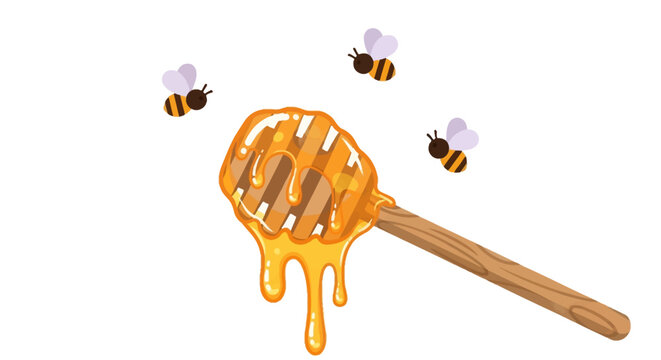 Golden honey drips from a wooden honey dipper with bees buzzing nearby, creating a natural, sweet drizzle scene.