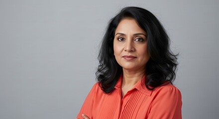 Fototapeta premium Mature and confident indian woman smiling with her arms crossed, wearing an orange shirt against a simple grey background.
