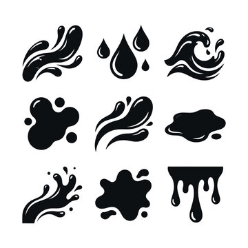 Vector set of black liquid splashes, water drops, waves and dripping ink blobs isolated on white background.