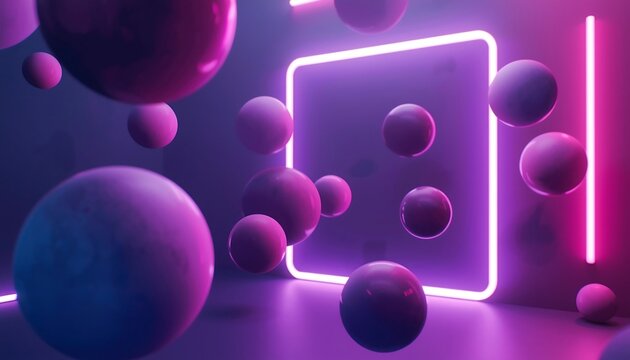 Dynamic purple spheres of various sizes float freely around a bright, glowing neon square on a dark, mysterious background.