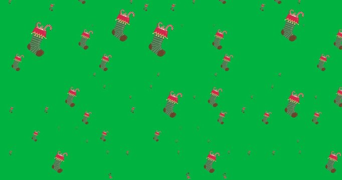 Multiple christmas stocking icons falling in seamless pattern against black background