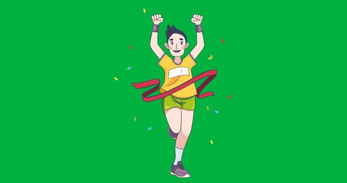 Digital animation of male athlete winning a race icon against black background