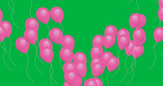 Digital animation of multiple pink balloons icons floating against black background