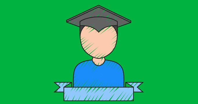 Digital animation of boy wearing graduation cap icons with copy space against black background