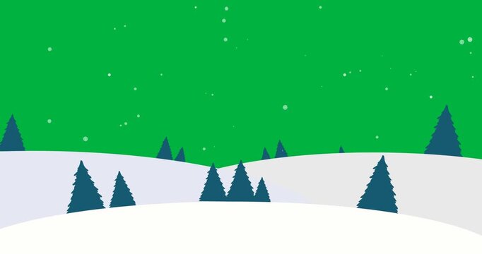 Digital animation of snow falling over winter landscape with blue trees against black background