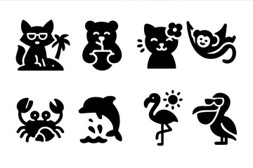 Naklejka premium Animal Summer Icons. Animal Summer Vibes. Filled icon set of Animal Summer Vibes: beach fox, coconut-sipping