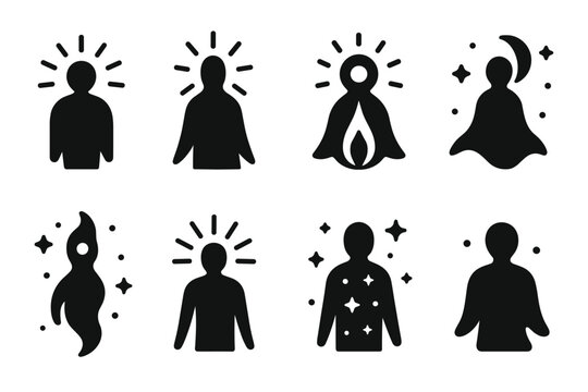 Cosmic Beings Icons. Radiant cosmic beings. Filled icon set of Radiant cosmic beings: bright halo spirit,