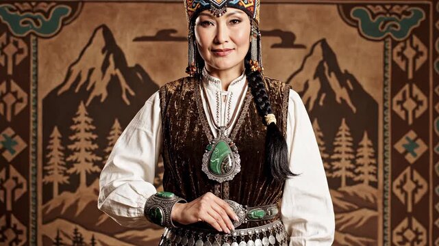 Elegant woman in traditional Central Asian costume adorned with ornate silver and malachite jewelry against a traditional tapestry for a cultural heritage concept.