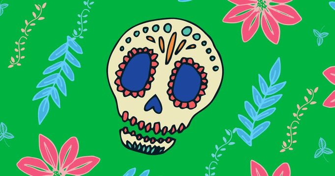 Digital animation of decorated skull icon against floral design pattern on white background