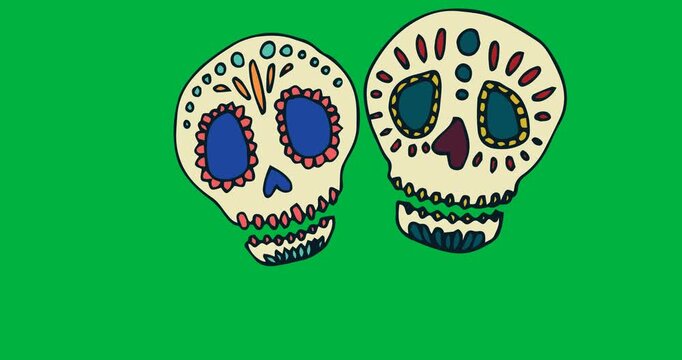 Digital animation of two decorated skull icons against white background