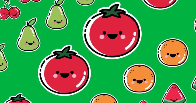 Multiple fruits icons moving in seamless pattern on black background