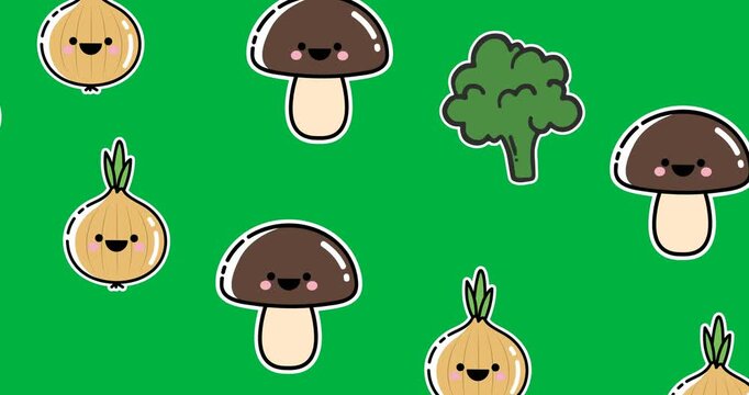 Multiple onion, mushroom and broccoli icons moving in seamless pattern against black background