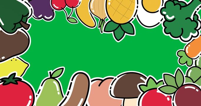 Multiple fruits and vegetables icons with copy space on black background