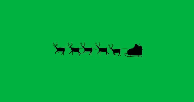 Black silhouette of santa claus in sleigh being pulled by reindeers against white background