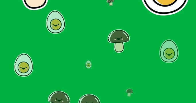 Digital animation of multiple egg and mushroom icons in seamless pattern against black background