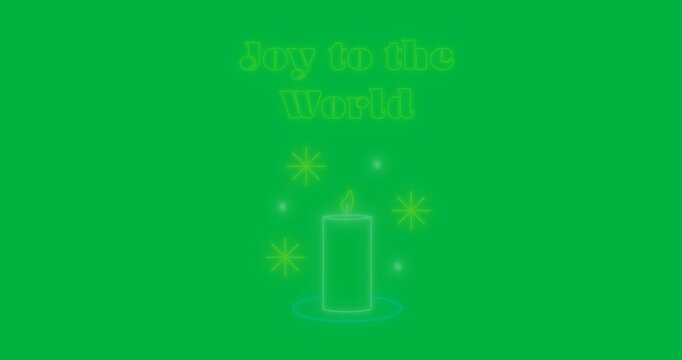 Digital animation of neon joy to the world text banner with candle icon against black background