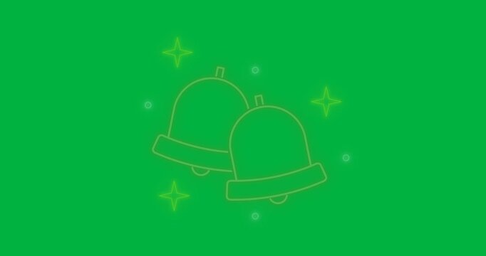 Digital animation of neon christmas bells icons against black background