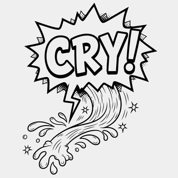 Comic Book Style "Cry" Text Bubble with Water Splash and Stars