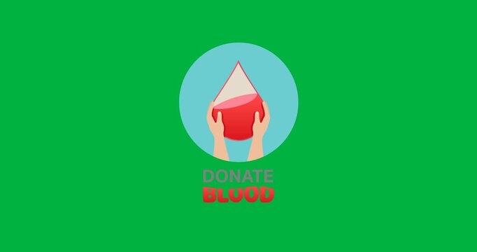 Donate blood text banner and hand holding a blood drop icon against black background