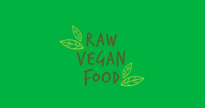 Digital animation of raw vegan food text with leaves icon against black background