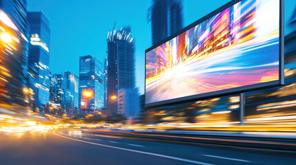 Obraz premium Captivating mockup of billboard in vibrant cityscape at dusk, showcasing bright lights and dynamic motion