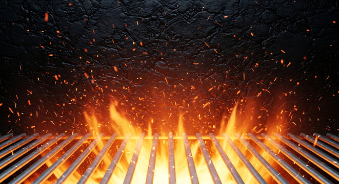 Barbecue grill grates with intense flames and flying sparks, restaurant equipmen