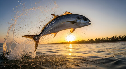 Fototapeta premium Giant Queenfish Jumping out of Tropical Sea at Sunset